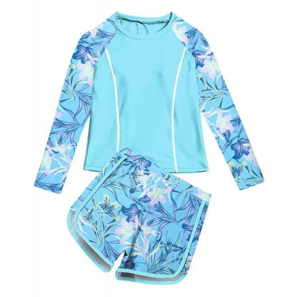 Children's two-piece swimsuit with floral pattern on a white background