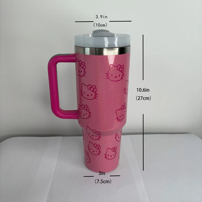 Pink tumbler with Hello Kitty designs and measurements on a white background