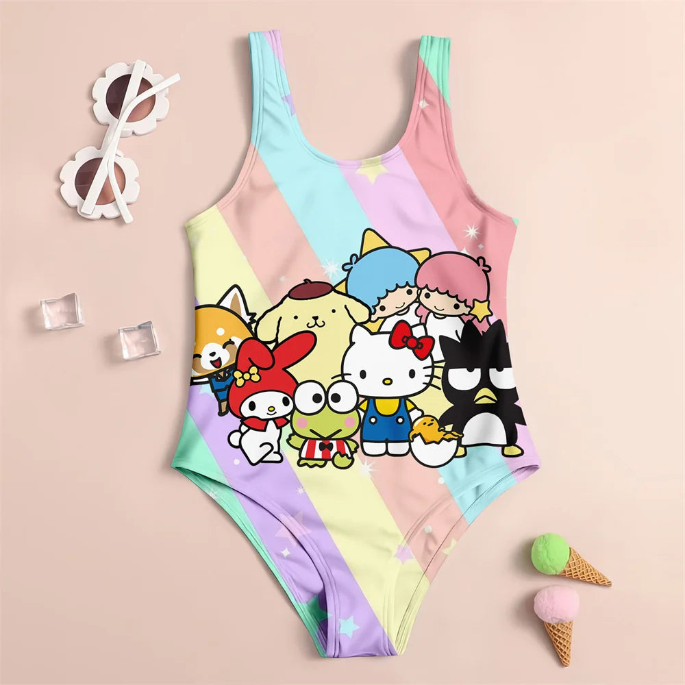 Colorful swimsuit with cartoon characters on a beige background