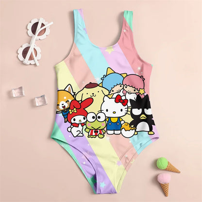 Colorful swimsuit with cartoon characters on a beige background