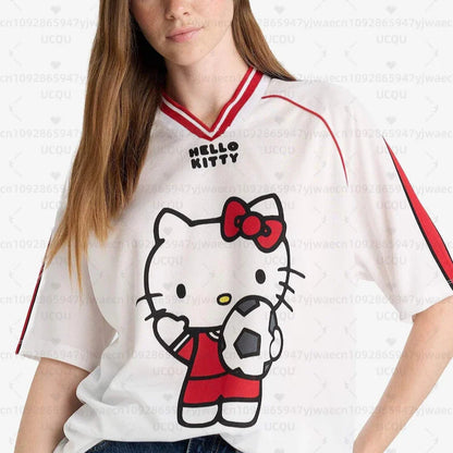 Person wearing a Hello Kitty-themed jersey with a white background