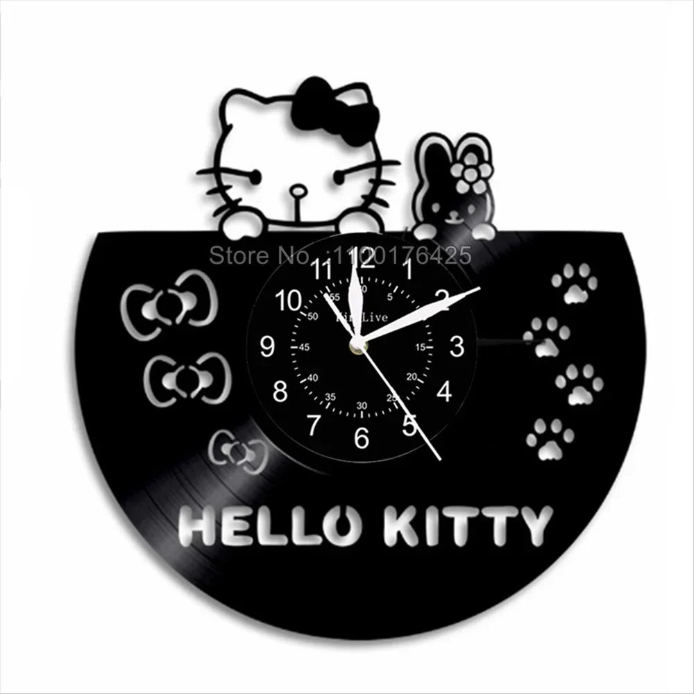 Hello Kitty-themed wall clock made from a vinyl record on a white background