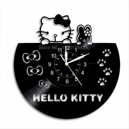 Hello Kitty-themed wall clock made from a vinyl record on a white background