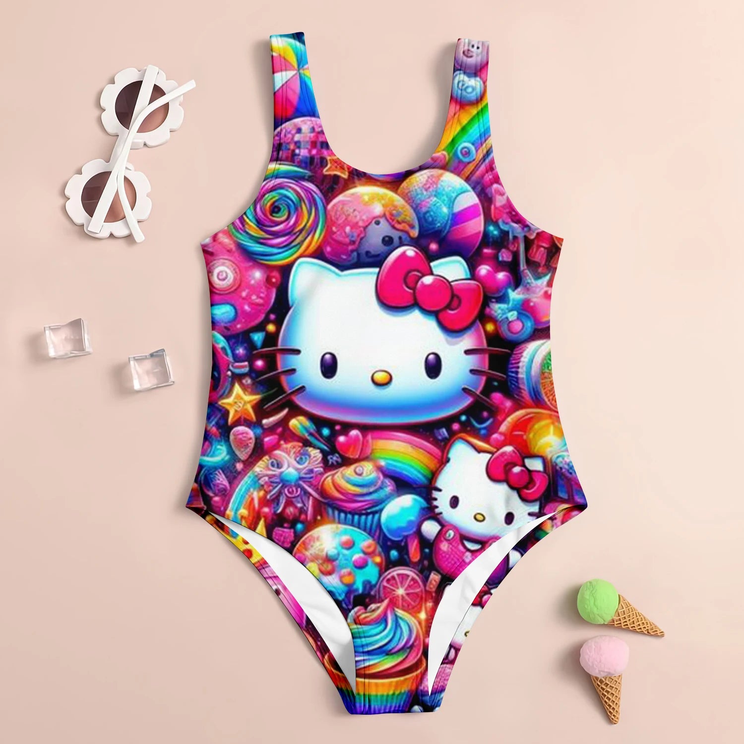 Colorful swimsuit with cartoon character design on a beige background