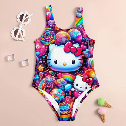 Colorful swimsuit with cartoon character design on a beige background
