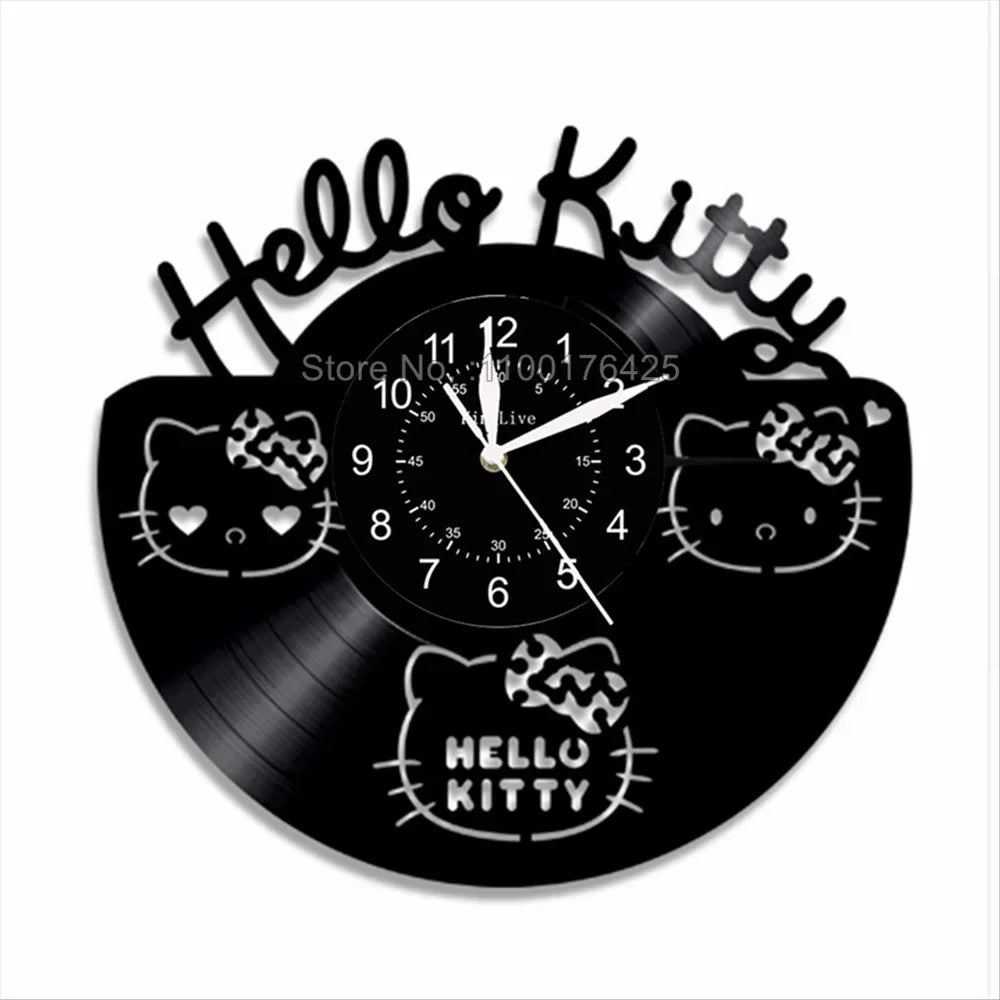 Hello Kitty-themed wall clock made from a vinyl record on a white background