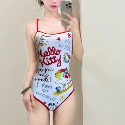 Person wearing a Hello Kitty swimsuit with colorful graphics and text.