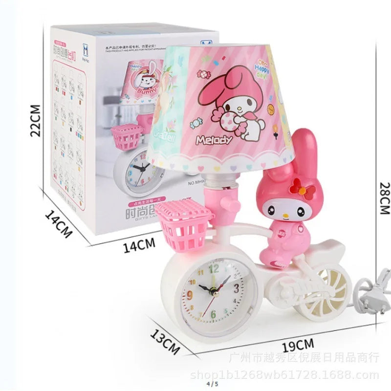 Pink cartoon character with a bicycle-shaped clock and dimensions displayed