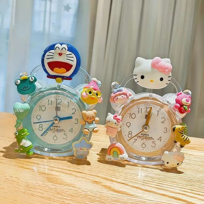 Two cartoon-themed alarm clocks on a wooden surface with a light background