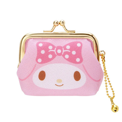 Pink pouch with a cartoon face and bow design on a white background