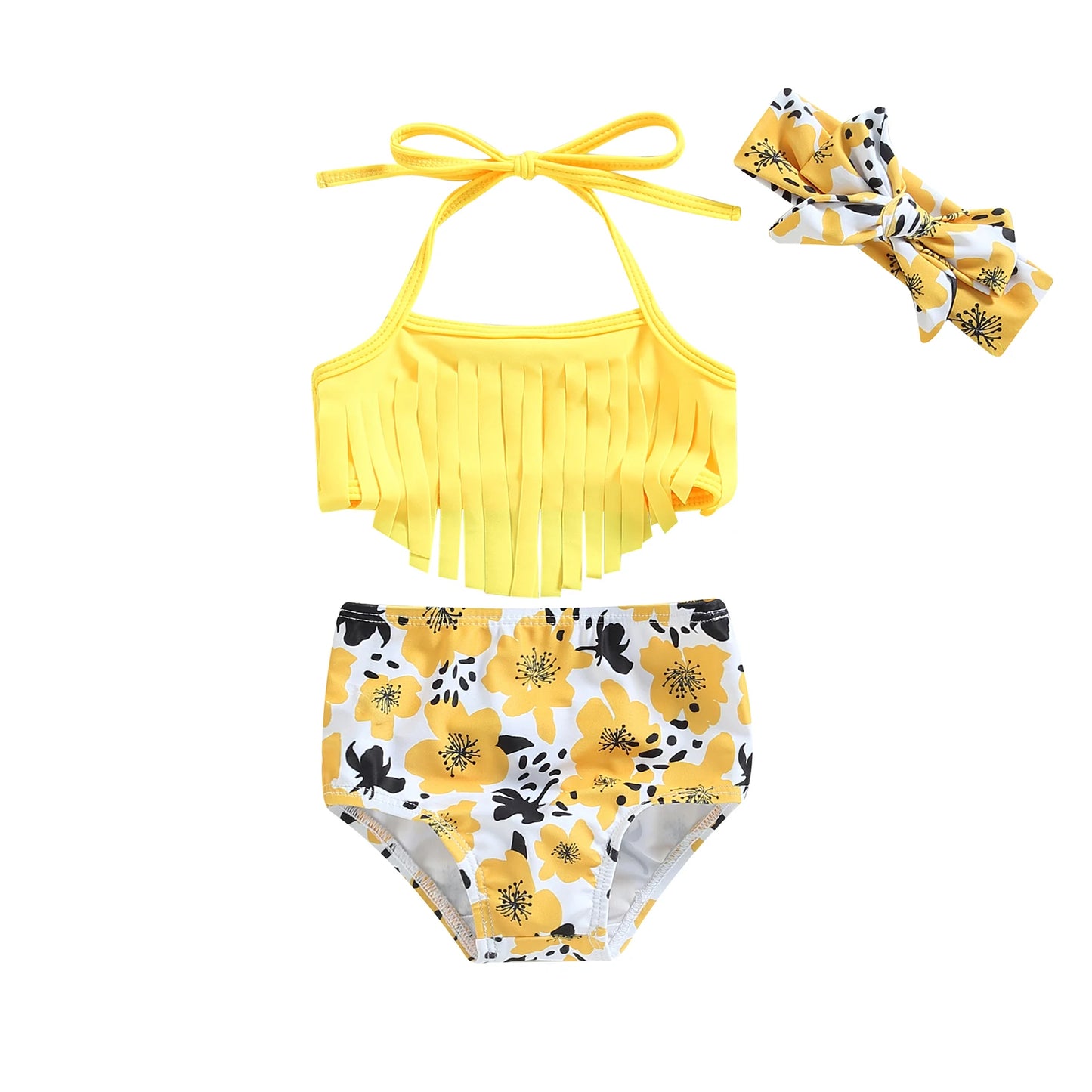 Yellow bikini set with floral design and matching headband on a white background