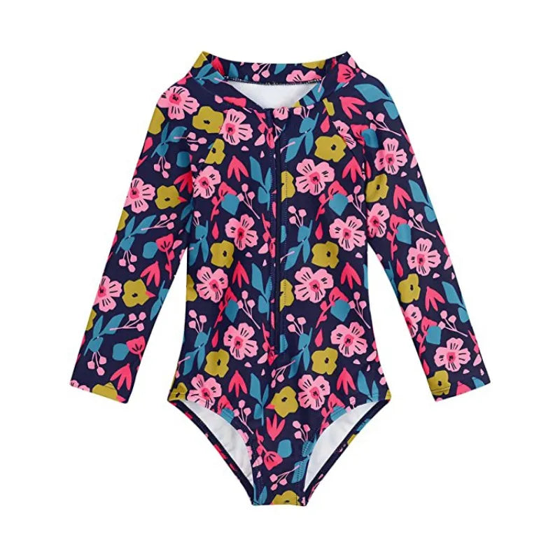 Floral patterned swimsuit with long sleeves on a white background