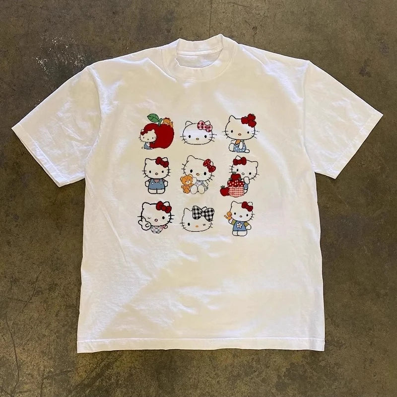 Hello Kitty Sanrio Cute Cartoon Cotton Crew Neck Loose Summer Tee