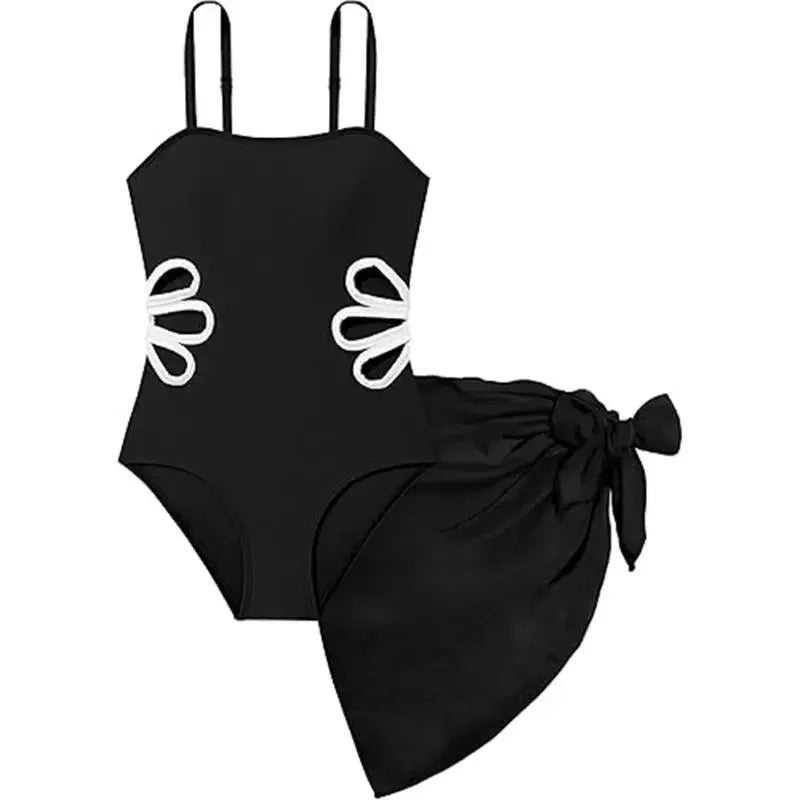 Black swimsuit with white floral designs on a white background