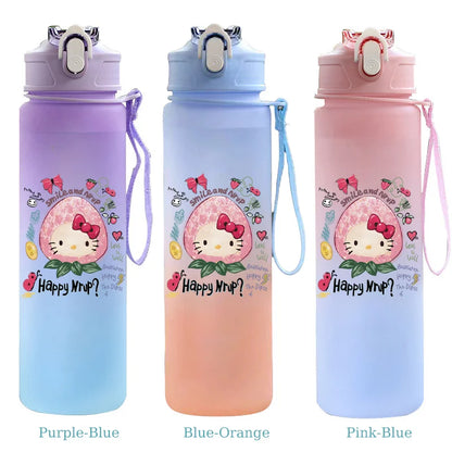 Three colorful water bottles with cartoon character design on a white background