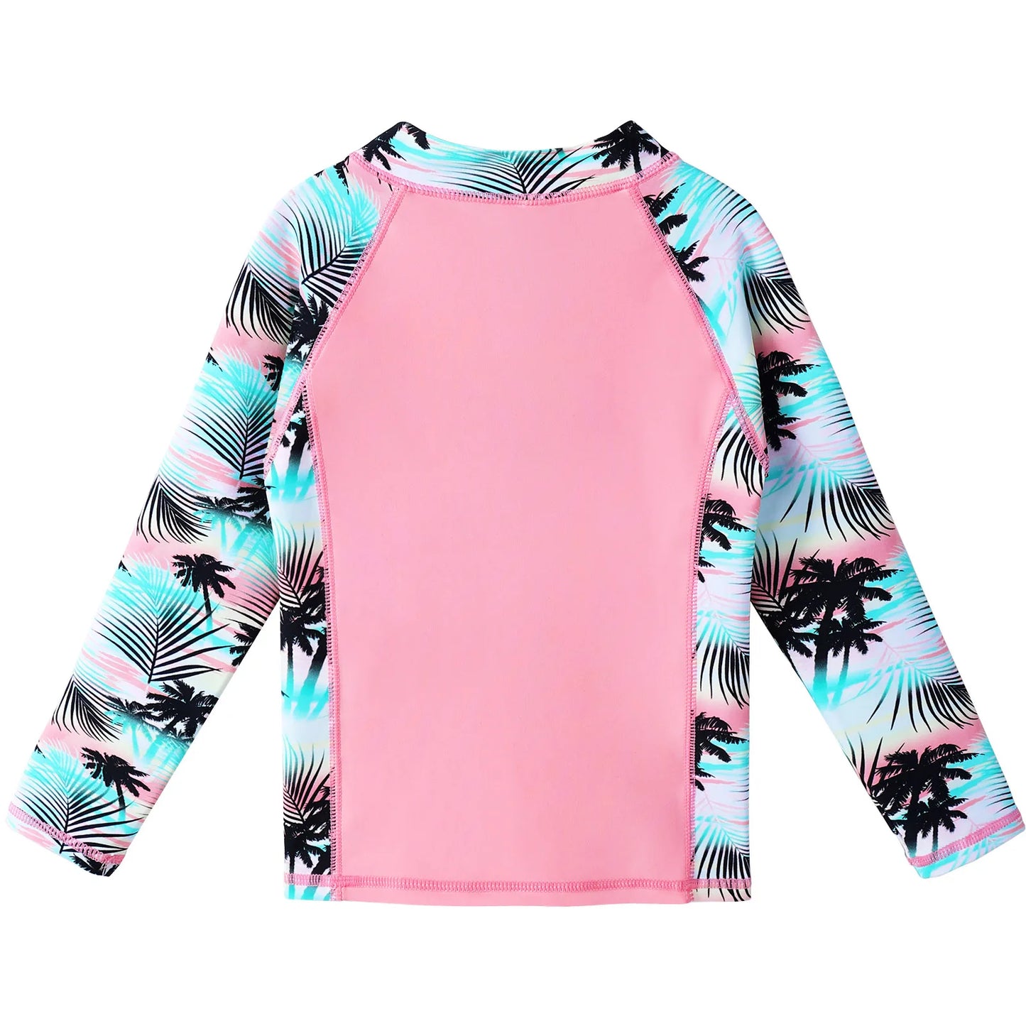 Pink long-sleeve shirt with palm tree pattern on sleeves against a white background
