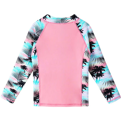 Pink long-sleeve shirt with palm tree pattern on sleeves against a white background