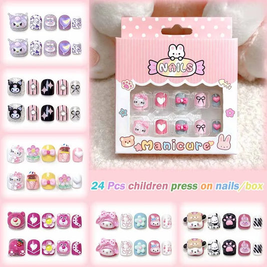 Children's press-on nails set with packaging featuring cartoon characters on a pink background.