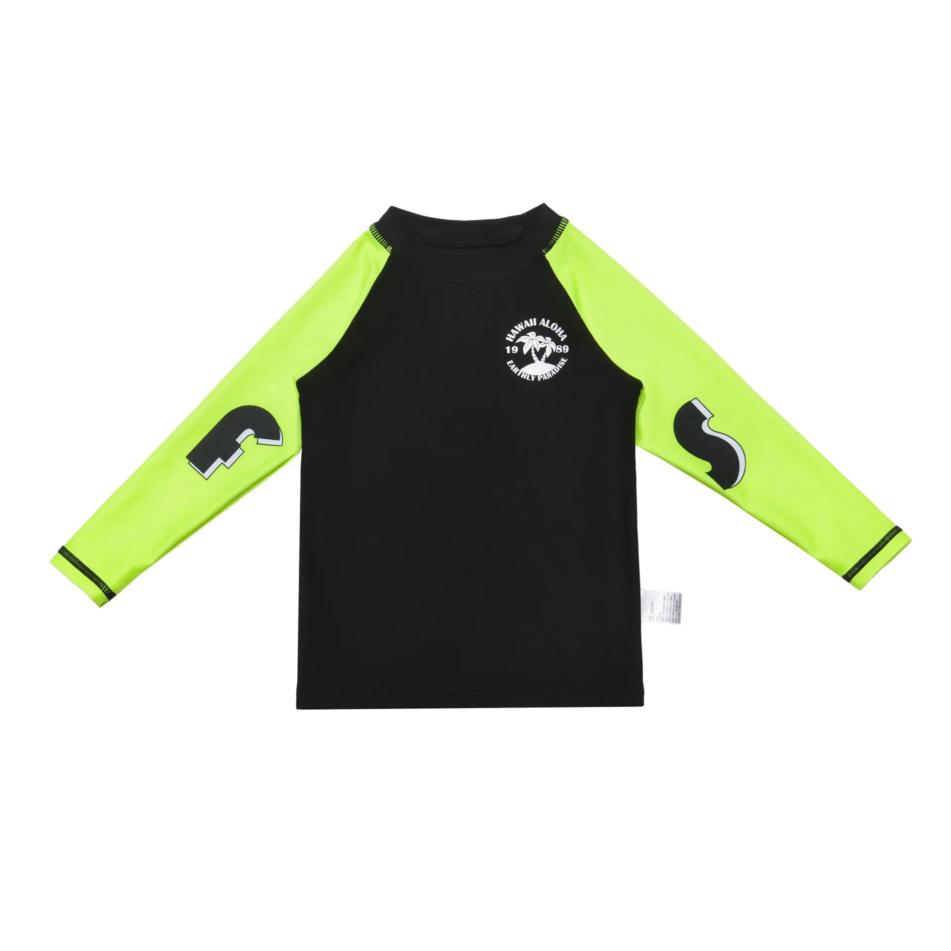 Black and neon green long-sleeve shirt with logos on a white background