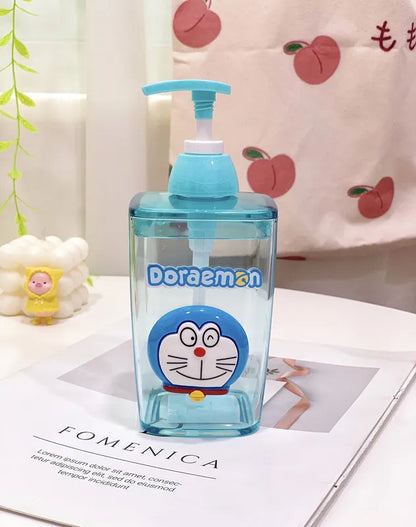 Blue bottle with a pump and Doraemon character on a white surface with a colorful background.