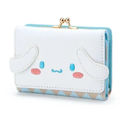 White wallet with cartoon face design on a white background