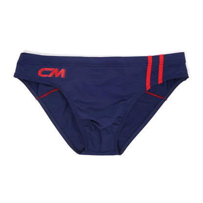 Navy blue swim briefs with red accents on a white background