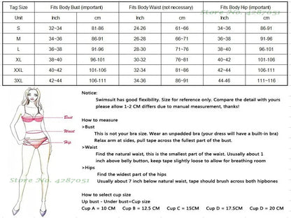Size chart for swimsuits with measurements in inches and centimeters, accompanied by a diagram of a woman wearing a swimsuit.