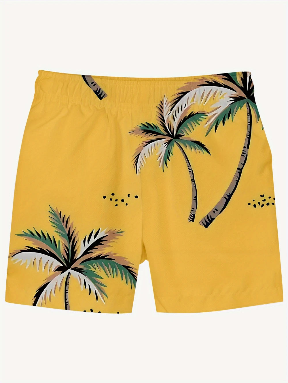 Yellow shorts with palm tree design on a white background