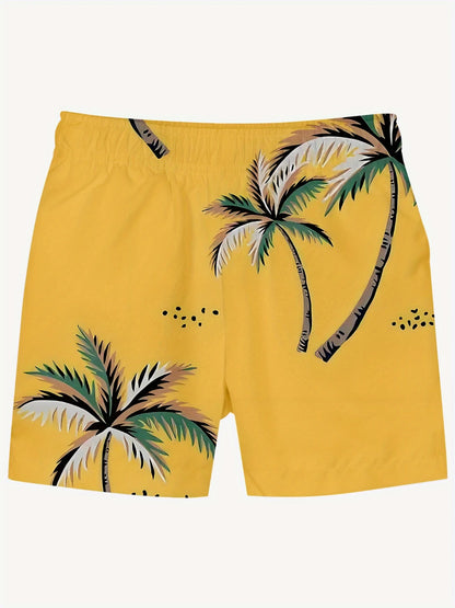 Yellow shorts with palm tree design on a white background