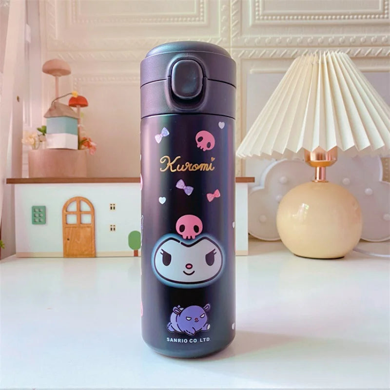 Kuromi-themed water bottle on a decorative shelf with a lamp and small house model.