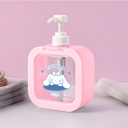 Pink soap dispenser with cartoon character on a pink background
