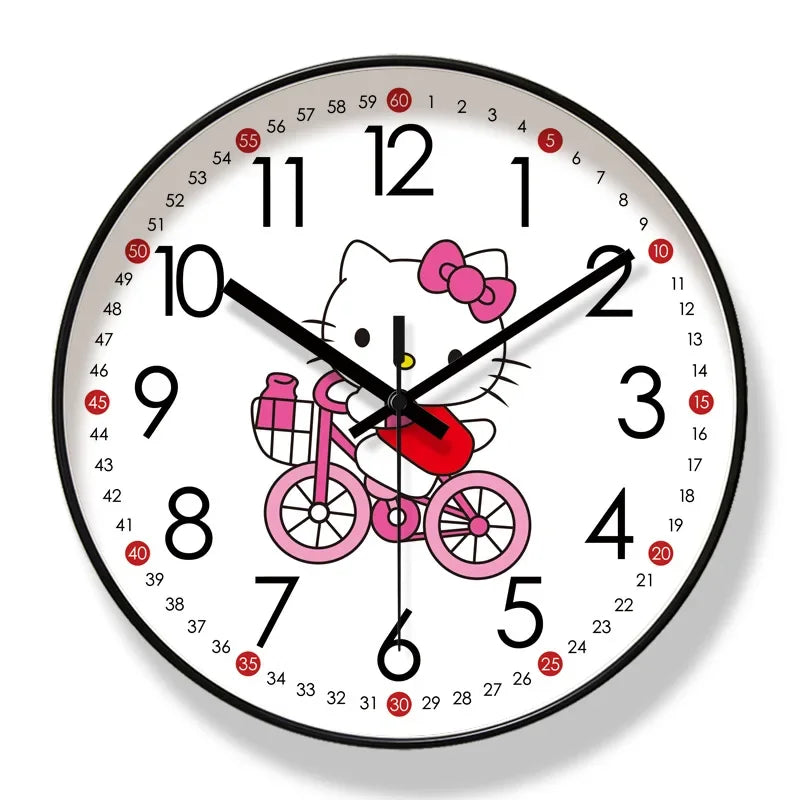 Wall clock with a cartoon character riding a bicycle on a white background