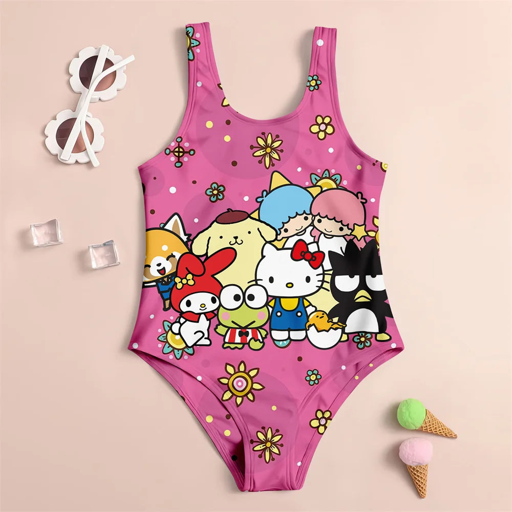 Pink swimsuit with cartoon characters on a beige background