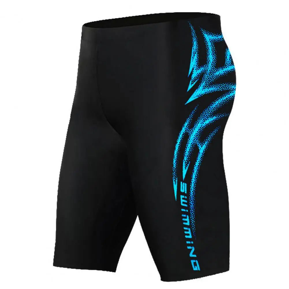 Black swim jammers with blue graphic design on a white background