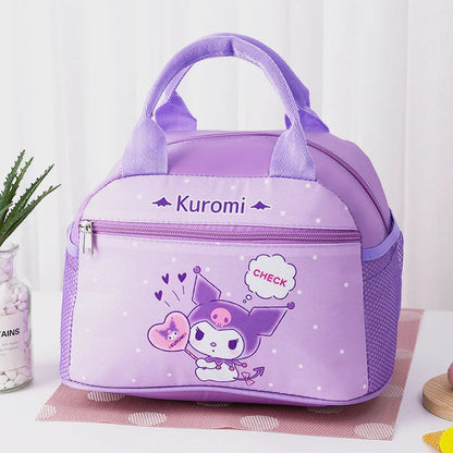 Purple lunch bag with Kuromi character design on a white background