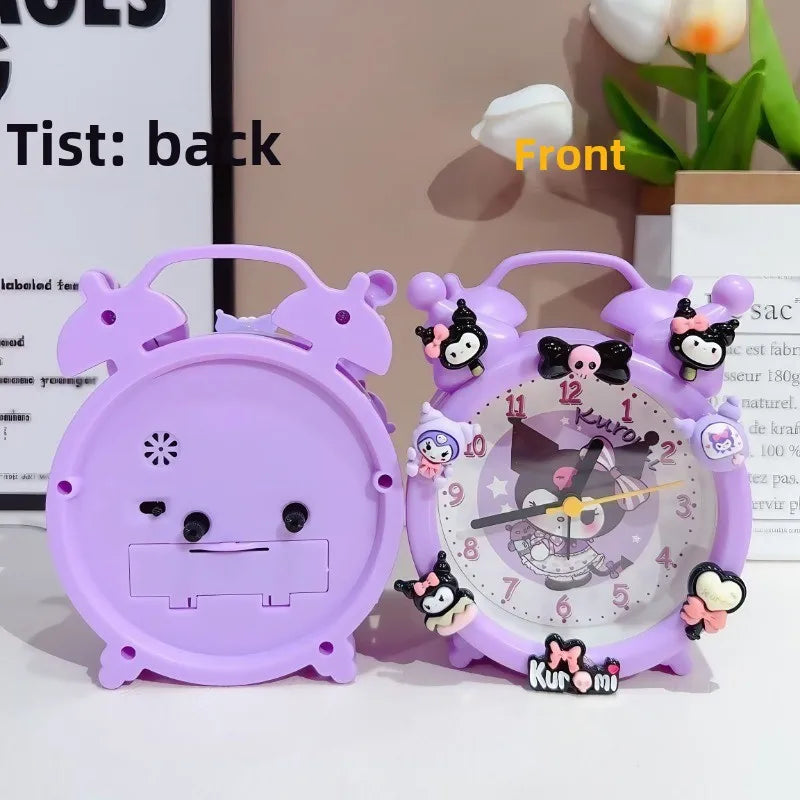 Purple cartoon clock with character designs on a white background