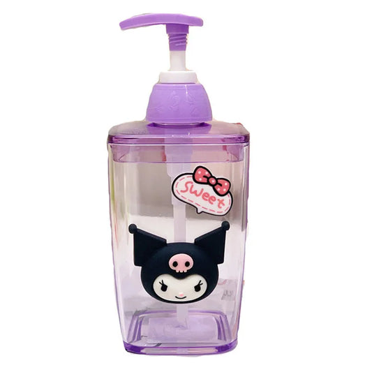 Clear bottle with purple pump and cartoon character on a white background