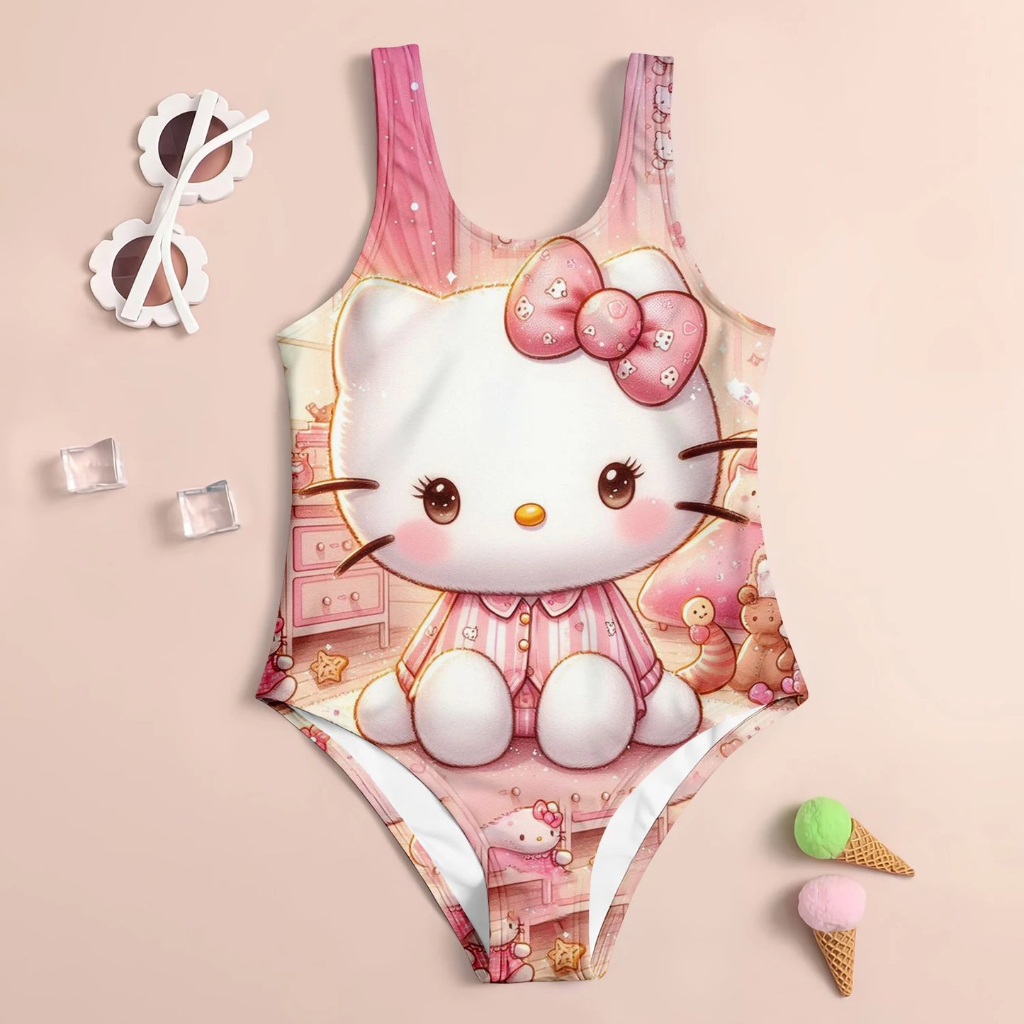 One-piece swimsuit with cartoon character design on a pink background