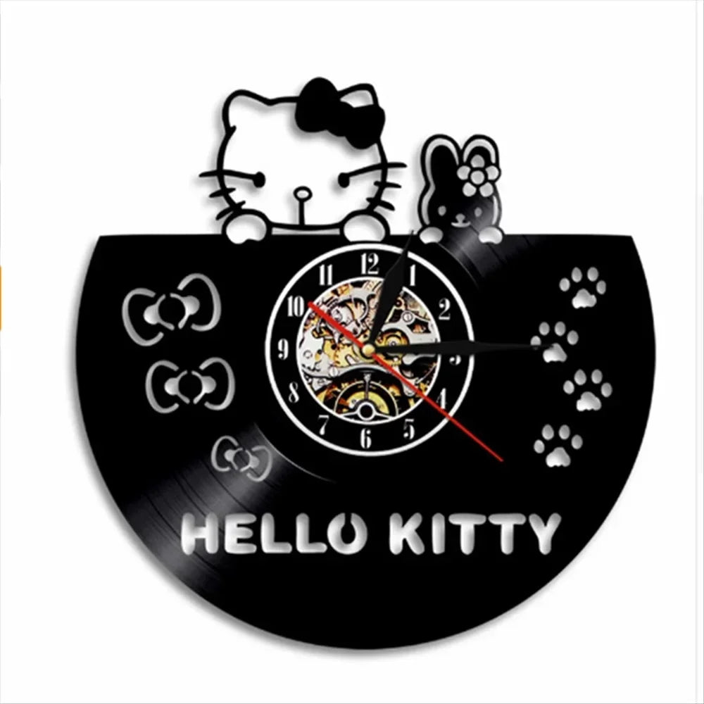 Hello Kitty-themed clock made from a vinyl record on a white background