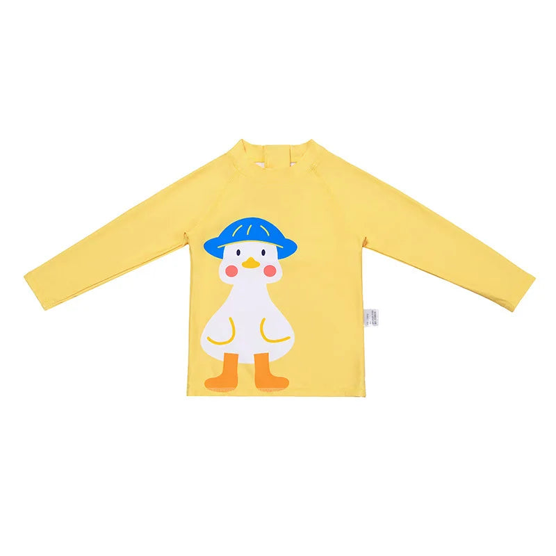 Yellow long-sleeve shirt with a cartoon duck design on a white background