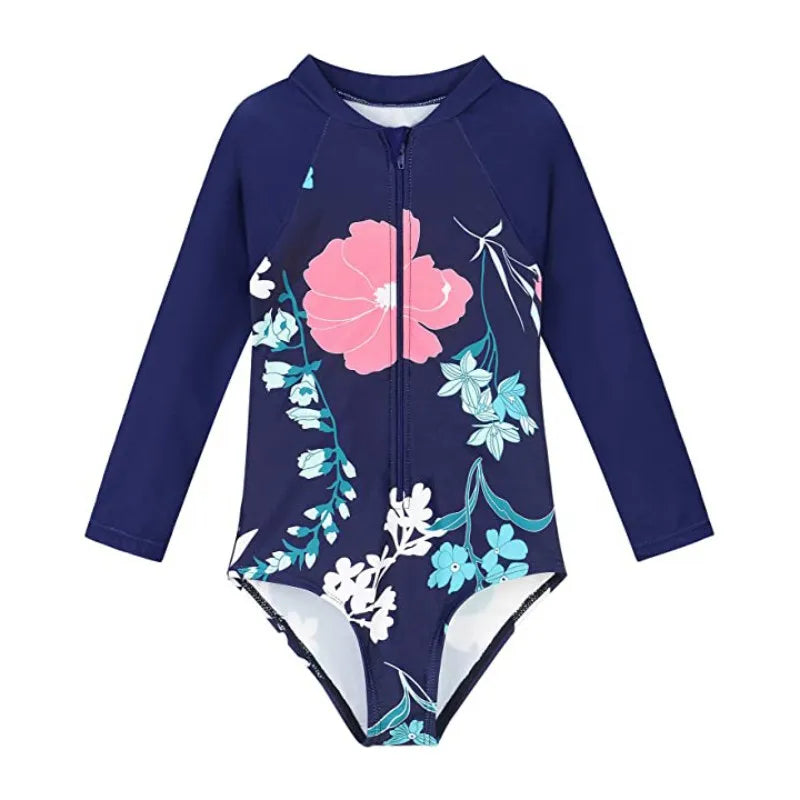 Navy blue swimsuit with floral design on a white background