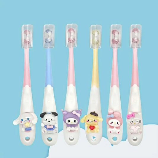 Set of six cartoon-themed children's toothbrushes with colorful handles on a blue background