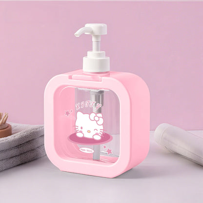 Pink soap dispenser with Hello Kitty design on a pink background