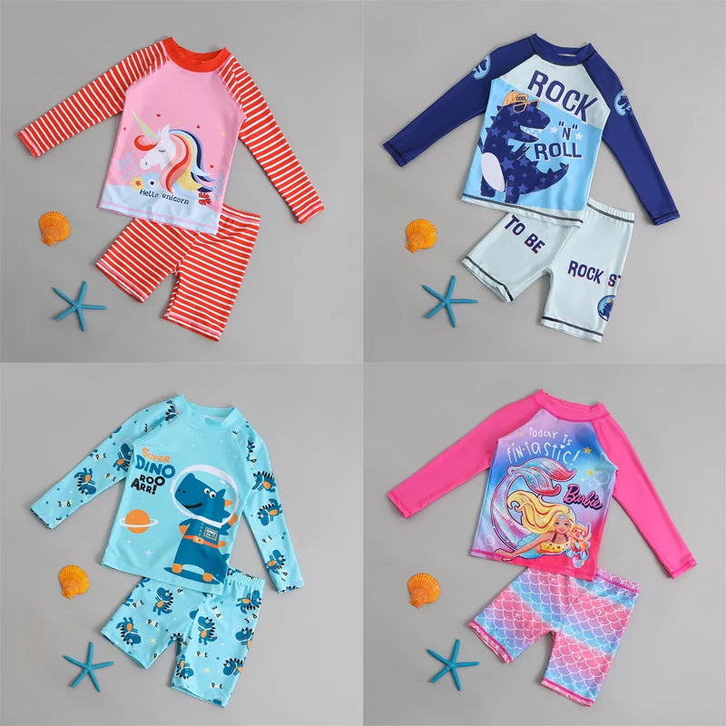 Four children's swimsuit sets with different designs on a gray background.