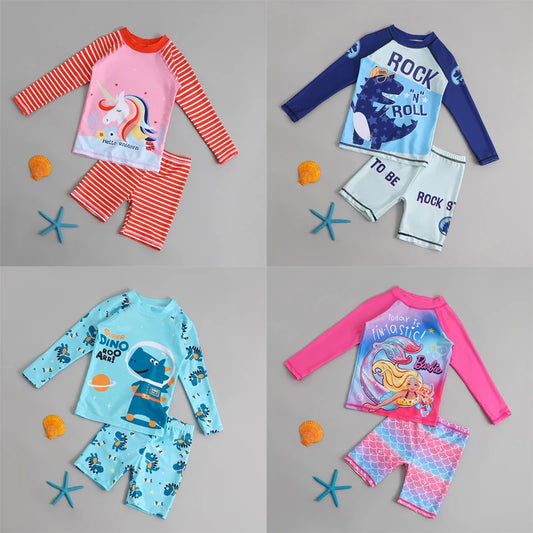 Four children's swimsuit sets with different designs on a gray background.