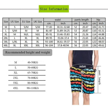 Size chart and recommended height and weight chart for shorts with a person wearing colorful shorts.