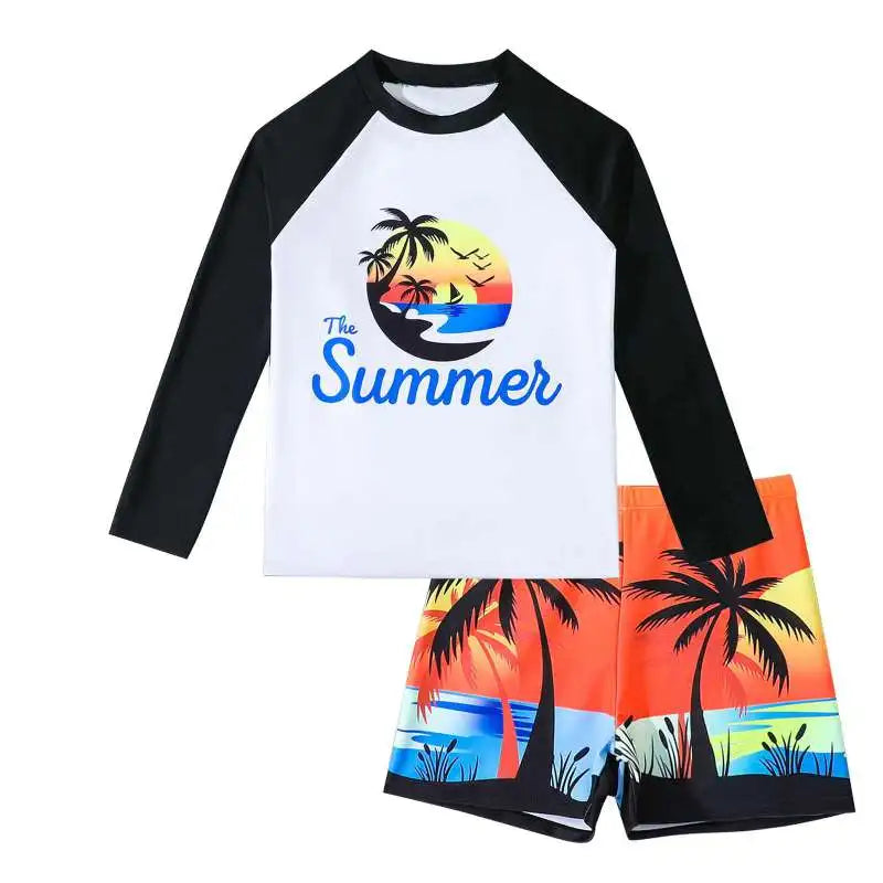 Children's two-piece swimsuit with 'The Summer' design on a white background