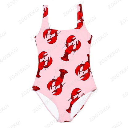 One-piece swimsuit with red lobster pattern on pink background