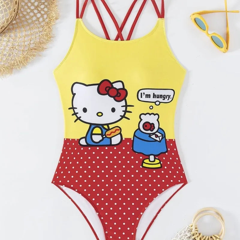 Yellow and red swimsuit with cartoon character on a white background