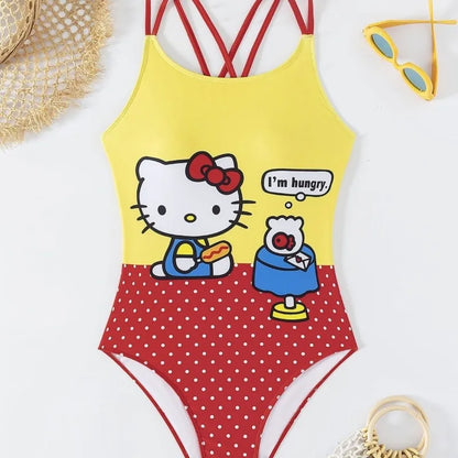 Yellow and red swimsuit with cartoon character on a white background